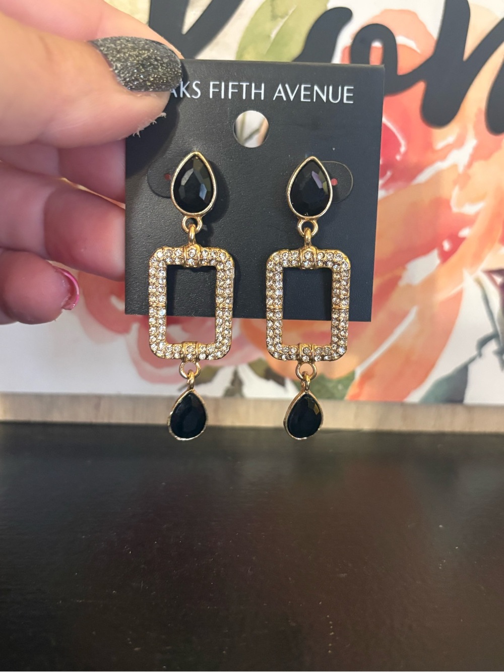 Saks Fifth Avenue Gold and Black Crystal Drop Earrings